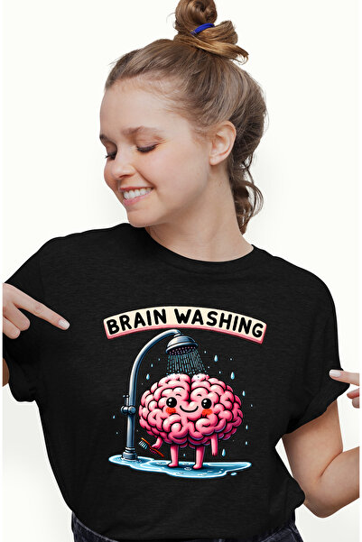 StoryGift Romania Tricou Femei Cu Mesajul "brain Washing", Ilustratie, Creier Care Sta Sub Un Dus, Blk_m