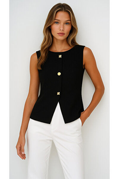 NATUFIAN STORE Bluză neagră pentru femei, cu decolteu, cu nasturi aurii