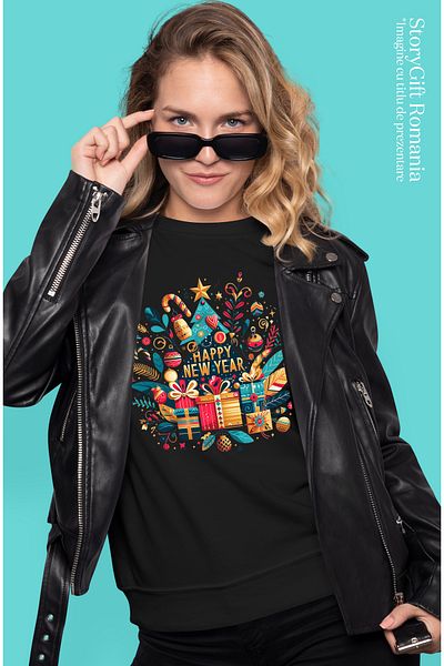 StoryGift Romania Tricou Femei Cu Un Brad De Craciun Cu Mesajul "happy New Year", Ilustratie, La M Blk_l