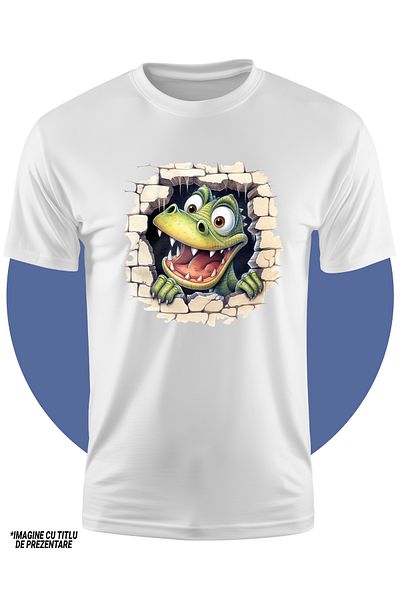 StoryGift Romania Tricou Copii Cu Un Dinozaur Curios Care Scoate Capul Printr-un Zid Spart, Ilustratie, Juca