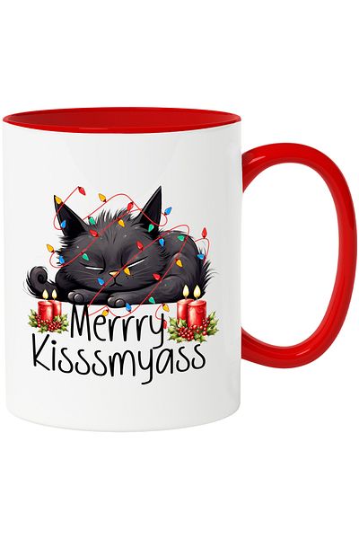 StoryGift Romania Mug with a kitten tangled in lights with the message "Merrry Kisssmyass", Christmas fe, With ,STG
