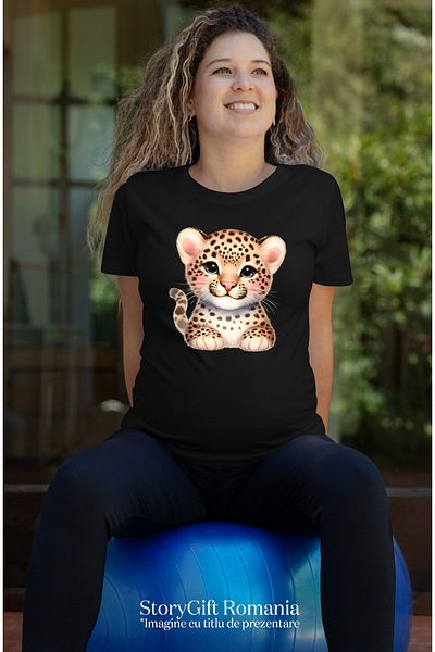 StoryGift Romania Tricou Femei Cu O Femela Jaguar, Ilustratie, Micuta, Imbujorata, Fericire, Cumin Blk_l