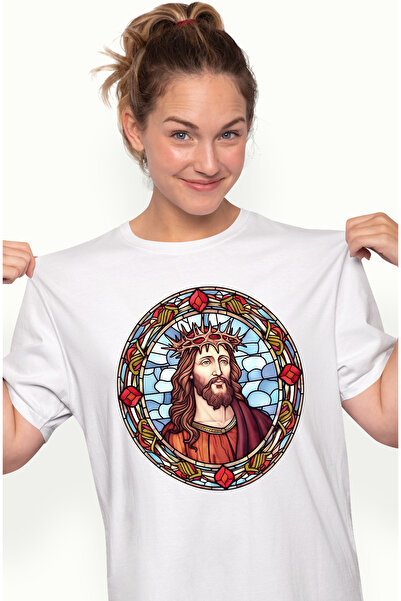 StoryGift Romania Tricou Femei Cu Iisus Hristos, Ilustratie, Stil Mozaic, Coroana Din Spini, Bunat Wht_l
