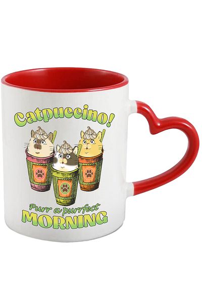 StoryGift Romania Mug with cats in coffee cups with the message "Cappuccino! Purr a purrfect morning, With Heart Handle