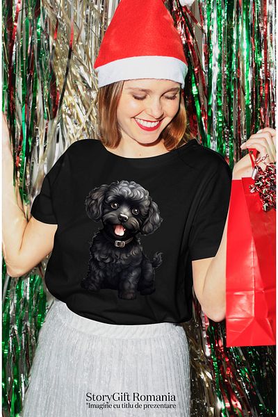 StoryGift Romania Tricou Femei Cu Un Catel Negru, Ilustratie, Vesel, Zgarda, Cuminte, Asteapta Ord Blk_l