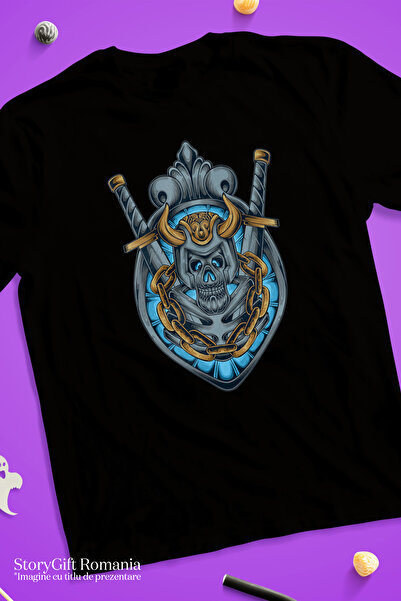 StoryGift Romania Tricou Femei Cu Craniu, Coif, Sabie, Lant, Schelet, Emblema, Fantasy, Multicolor Blk_l