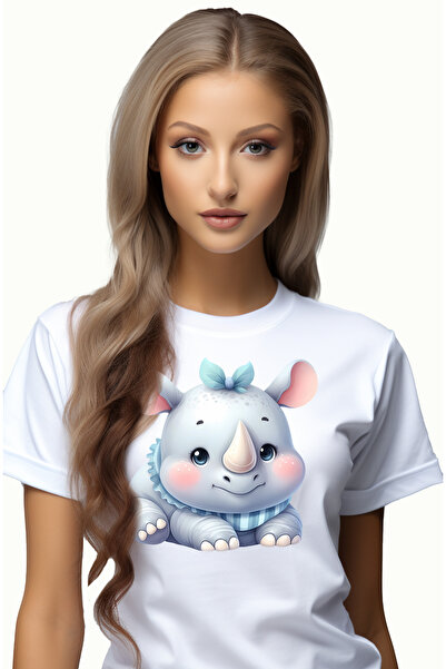 StoryGift Romania Tricou Femei Cu Un Pui De Rinocer, Ilustratie, Fericire, Ti...