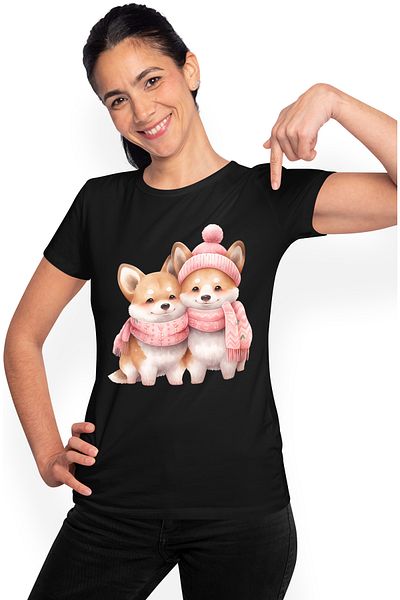 StoryGift Romania Tricou Femei Cu 2 Catei Akita Inu, Ilustratie, Fulare, Caciula, Frig, Iarna, Val Blk_l