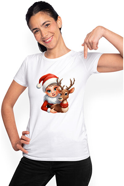 StoryGift Romania Tricou Femei Cu Un Baiat Si Un Ren, Ilustratie, Sarbatori A...