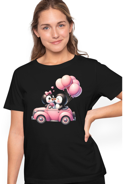 StoryGift Romania Tricou Femei Cu 2 Pinguini Care Se Plimba Cu Masina, Ilustratie, Baloane, Evadar Blk_l
