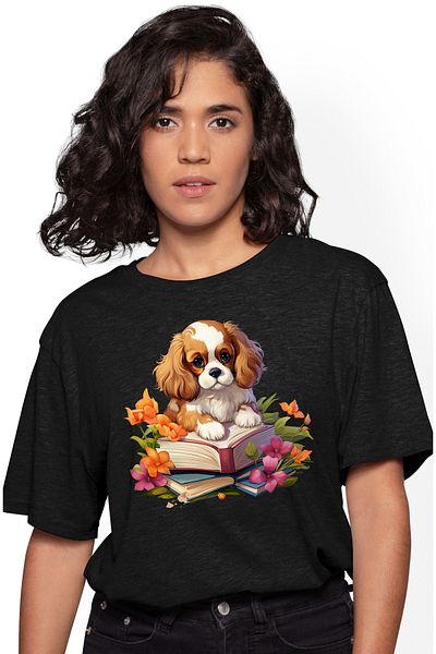 StoryGift Romania Tricou Femei Cu Un Catelus Blanos Care Tine O Carte Deschisa, Lectura, Studiu, I Blk_l