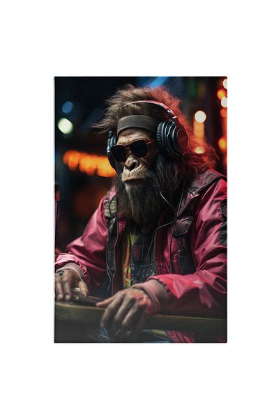 StoryGift Romania Tablou Canvas: Portret Omul Maimuță În Geacă Roz Cu Ochelari De Soare Și Căști Pictura Digitala
