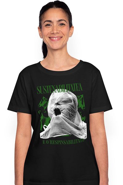StoryGift Romania Tricou Femei Sustenabilitatea E O Responsabilitate Poluare Sac De Plastic Cu Imp Blk_l