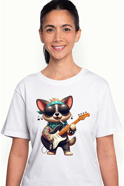 StoryGift Romania Tricou Femei Cu Un Catel Rocker Care Canta La Chitara, Oche...