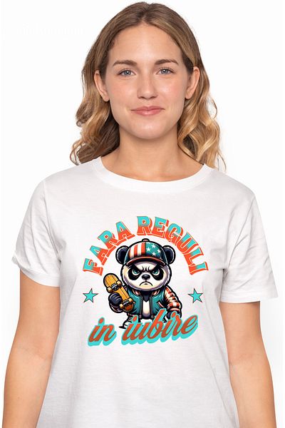 StoryGift Romania Tricou Femei Urs Panda Skater Suparat Fara Reguli In Iubire Cu Imprimeu Pe Fata, Wht_l