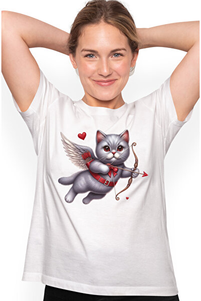 StoryGift Romania Tricou Femei Cu O Pisica Gri Cupidon Care Trage Cu Arcul, I...