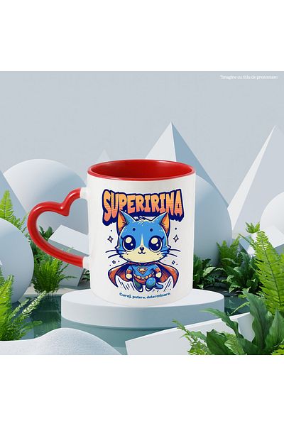 StoryGift Romania Super Irina Mug, Superhero, Flying Cat, 330ml, Ceramic with Red Heart Handle, With,STG.