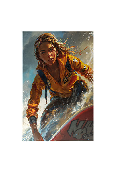 StoryGift Romania Tablou Canvas: Antrenoarea De Surf Blonda Din Echipa Galbenă Cu Ghiozdan Și Placa Pe Apă Pictur