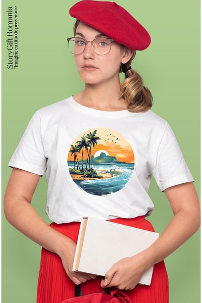 StoryGift Romania Tricou Femei cu o insula, ilustratie, plaja, vegetatie, palmieri, apa, mare, pas WHT_L