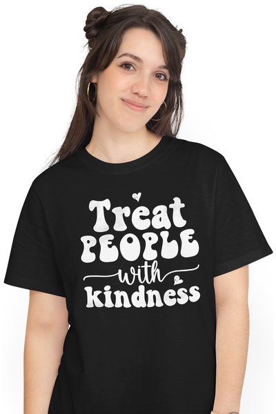 StoryGift Romania Tricou Femei Cu Inimioare Si Textul "trateaza Oamenii Cu Bu...