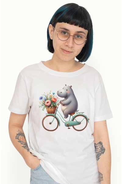 StoryGift Romania Tricou Femei Cu Un Hipopotam Vesel Care Merge Cu Bicicleta,...