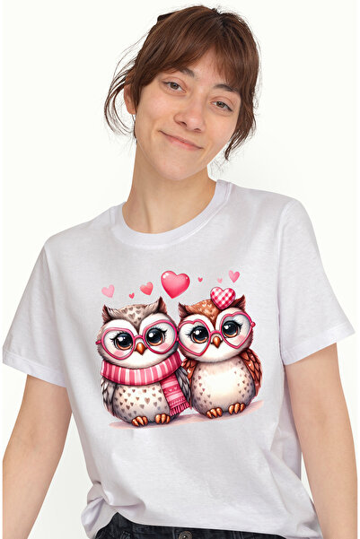 StoryGift Romania Tricou Femei Cu 2 Bufnite Apropiate, Ilustratie, Inimioare,...