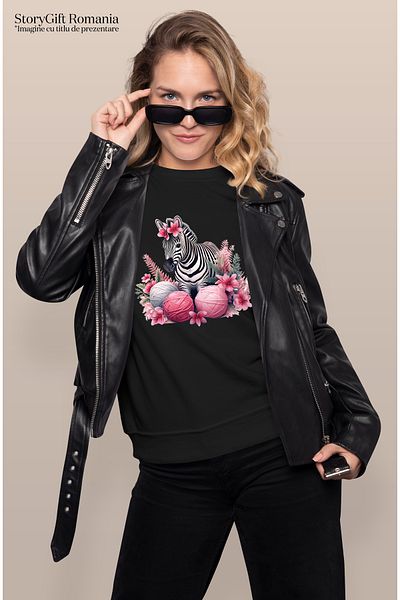 StoryGift Romania Women's T-shirt with a zebra, illustration, poppies, balls of thread, plants, nature, year BLK_L