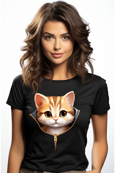 StoryGift Romania Tricou Femei Cu Un Pisoi, Ilustratie, Fermoar, Surprins, Felina, Pentru Iubitori Blk_m