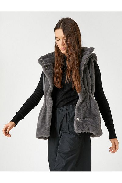 Koton Plush Jacket Hooded Sleeveless Waist Detailed Pocket Stand Collar