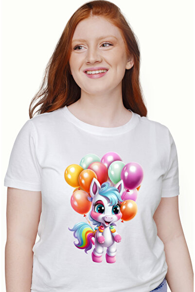 StoryGift Romania Tricou Femei Cu Un Unicorn Bucuros, Ilustratie, Multe Baloane Colorate Legate De Wht_l