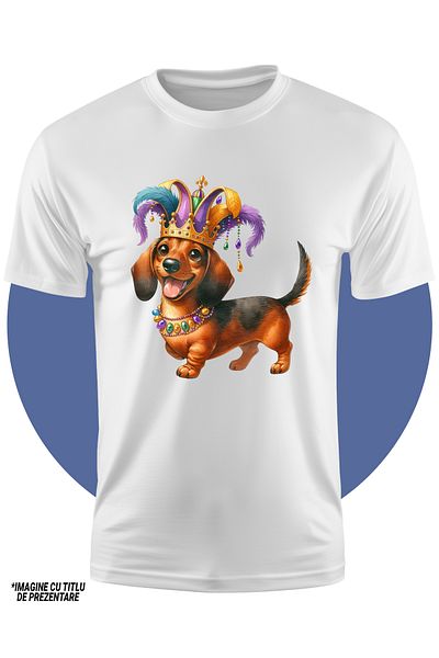 StoryGift Romania Tricou Copii Cu Un Catel De Talie Joasa, Ilustratie, Bucuros, Jucaus, Coroana, Pene, Vesel