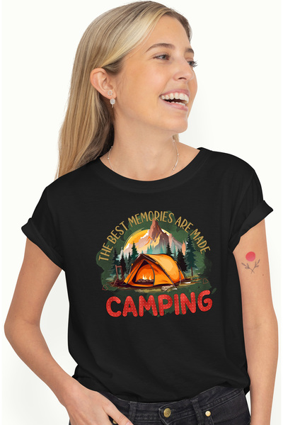 StoryGift Romania Tricou Femei Cu Mesajul "the Best Memories Are Made Camping", Calatorie, Ilustra Blk_l