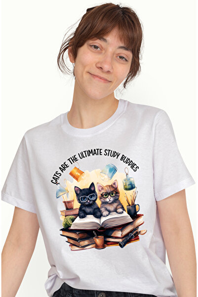 StoryGift Romania Tricou Femei Cu 2 Motani Cu Ochelari Care Tin O Carte Deschisa, Ilustratie, Toci Wht_l