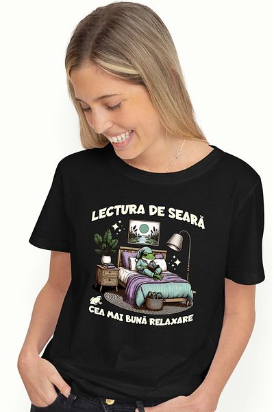 StoryGift Romania Tricou Femei Lectura De Seara – Cea Mai Buna Relaxare Broscuta Cu Imprimeu Pe Fa Blk_l