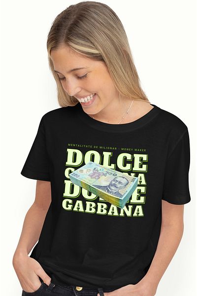StoryGift Romania Tricou Femei Dolce & Gabbana - 100 Lei Romanesti, Cu Imprimeu Pe Fata, 100% Bum Blk_m