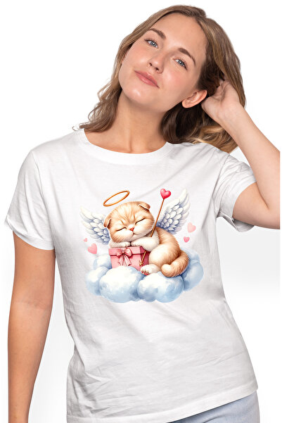 StoryGift Romania Tricou Femei Cu O Pisicuta Cupidon Care Doarme Dusa, Valent...