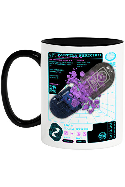 StoryGift Romania Cana Pastila Fericirii - 100% Fara Stres, 330ml, Ceramica Cu Maner Negru, Cu Maner Negru Stg
