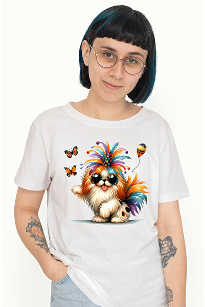 StoryGift Romania Tricou Femei Cu Un Catel Nebunatic Si Vesel, Ilustratie, Fluturi, Pene, Coif, Da Wht_l