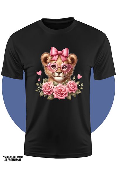 StoryGift Romania Tricou Copii Cu Un Pui De Leu Cu Ochelari, Ilustratie, Inimioare, Trandafiri, Natura, Plan