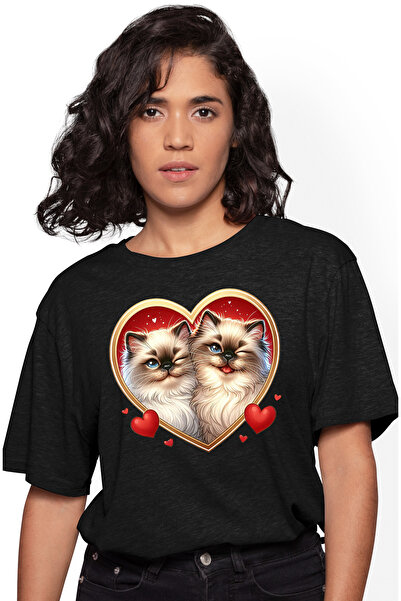 StoryGift Romania Tricou Femei Cu 2 Pisici Birmaneze, Ilustratie, Inimioare, ...