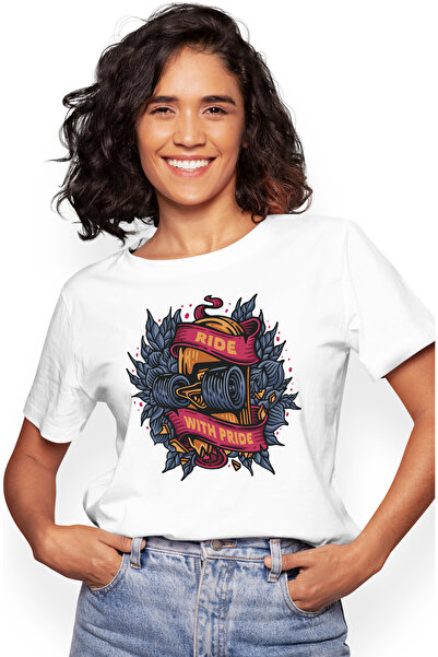StoryGift Romania Tricou Femei Cu Mesaj In Engleza Ride With Pride, Skateboard, Sport, Retro, Plan Wht_m