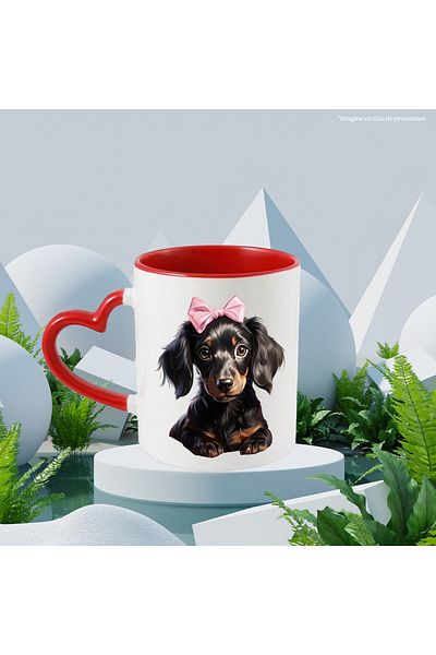 StoryGift Romania Mug with a black puppy | illustration | curiosity | be good | bow | asc, Cu,STG