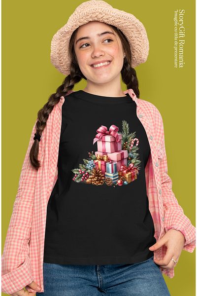 StoryGift Romania Tricou Femei Cu Multe Cadouri De Craciun, Ilustratie, Conuri De Brad, Vasc, Sarb Blk_m