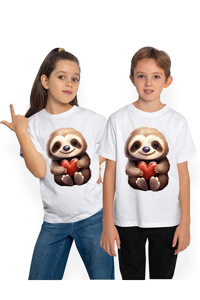 StoryGift Romania Tricou Copii Cu Un Sloth/lenes Care Tine O Inima In Brate, Ilustratie, Apreciere, Recunost