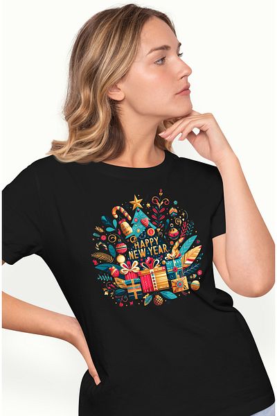 StoryGift Romania Tricou Femei Cu Un Brad De Craciun Cu Mesajul "happy New Year", Ilustratie, La M Blk_l