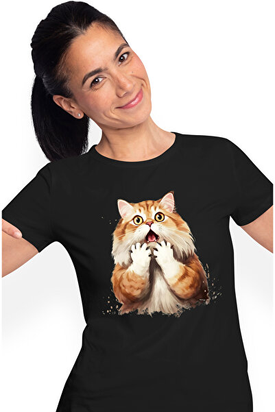 StoryGift Romania Tricou Femei Cu O Pisica Socata, Ilustratie, Speriata, Mira...