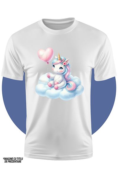 StoryGift Romania Tricou Copii Cu Un Unicorn Care Sta Pe Un Norisor, Ilustratie, Balon In Forma De Inima, Im