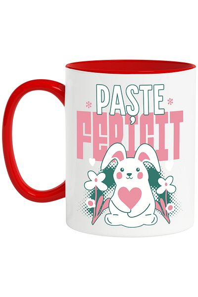 StoryGift Romania Cana Paste Fericit Iepure Fericit Sarbatoare Familie , 330ml, Ceramic Cu Maner R, Cu Maner Rosu Stg