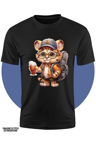 StoryGift Romania Kids T-shirt with an explorer tiger embarking on a long journey, illustration, drinking