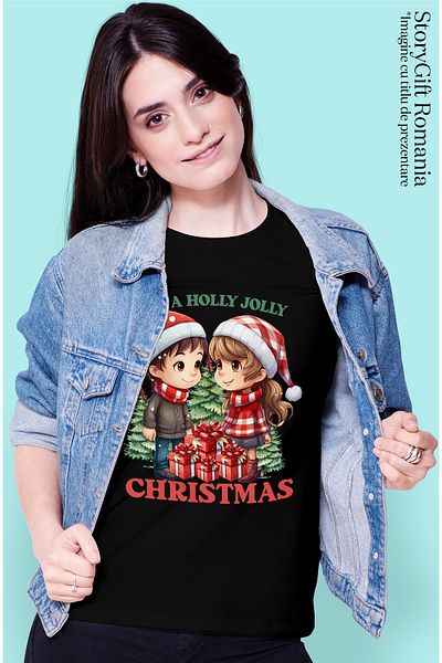 StoryGift Romania Tricou Femei Cu Fetita Si Baietel Cu Mesajul "have A Holy Jolly Christmas", Crac Blk_l